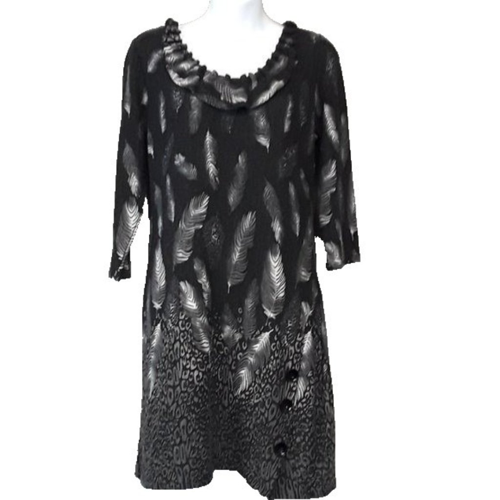 Papillon Womens Boho Sweater Dress Meadium Black Feather Print Ruffle Mini Nwt
